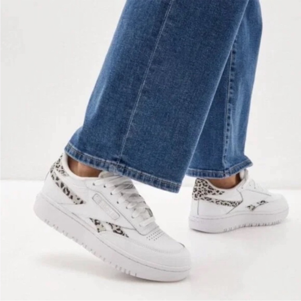 White Reebok Women’s Double Club C Sneakers with Cheetah Print
